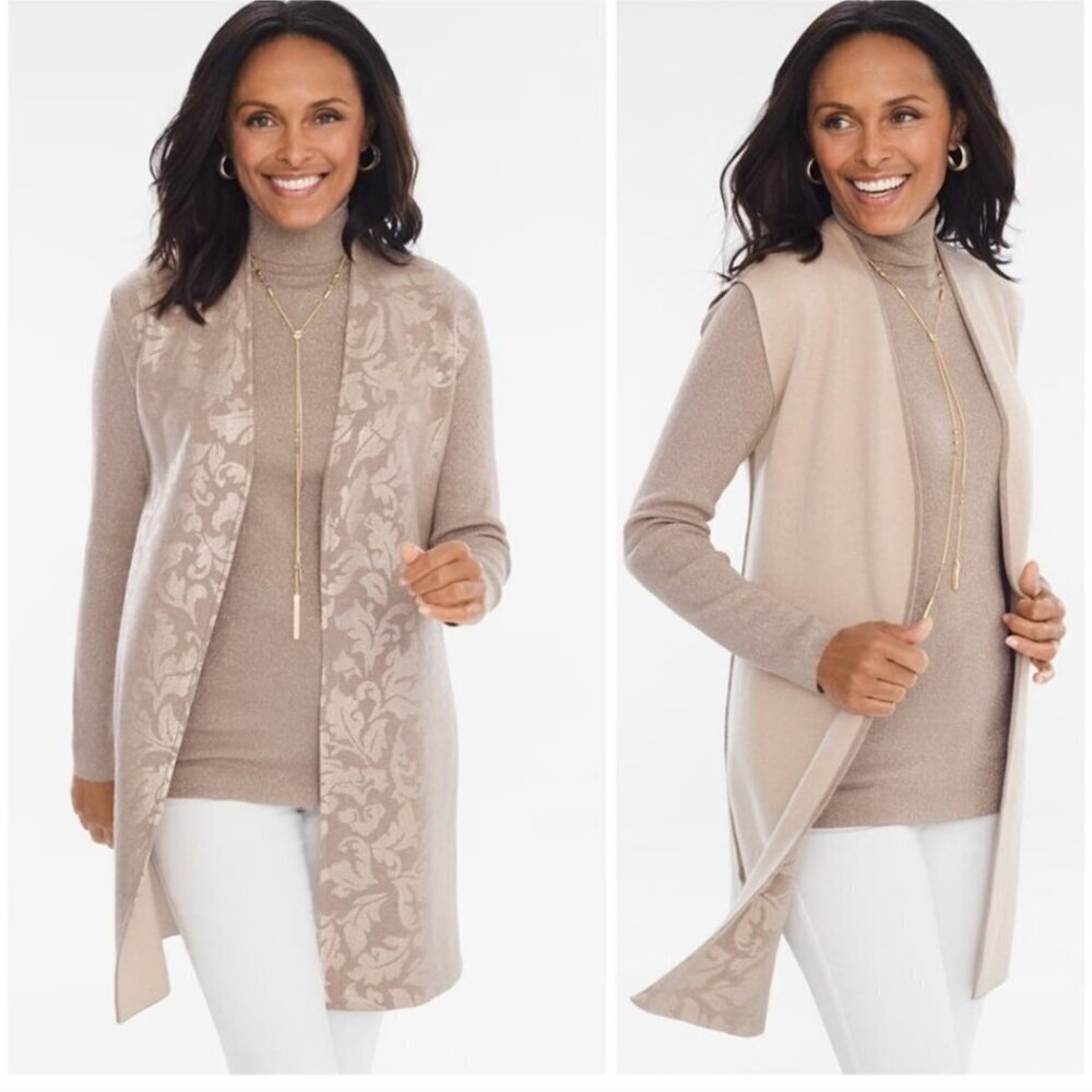Chico's Reversible Shine Open Front Long Cardigan Size Medium